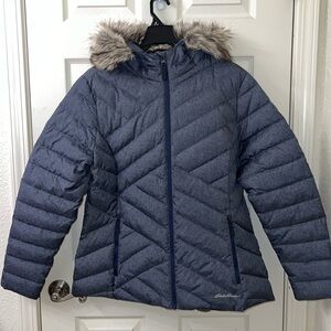Eddie Bauer Goose Down Hooded Faux Fur Women’s GRAY puffer Jacket Size XL